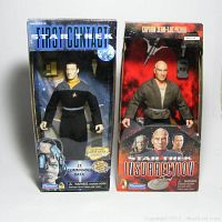 Front view of boxed Star Trek Next Generation figures of Lt. Commander Data and Captain Jean-Luc Picard, showing original packaging and figure detail.