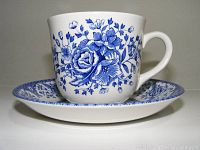 Single porcelain blue floral patterned tea cup and matching saucer side view