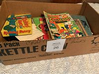 Box packed with vintage comic books and magazines including Archie Giant Series and Knitting Nancy kit