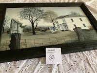 Framed painting showing a country scene with house, trees, fence, birdhouse and laundry line.