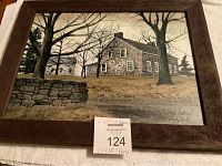 Framed picture of stone cottage with visible Maxsold tag indicating size: 15x19 frame, 11x15 picture