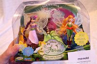 Front view of the Disney Fairies figurines Fira and Beck in original packaging with DVD sticker visible.