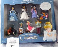 Front image of Disney Cinderella figurine set box with visible characters in plastic packaging