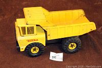 Large yellow metal Tonka dump truck on brown surface, side profile showing red Tonka logo and visible wear.
