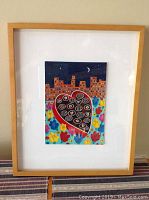 Original acrylic painting of a heart filled with candies, surrounded by flowers and cityscape, framed in wood