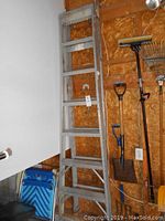 Full view of the 7 ft step ladder leaning against the wall near garden tools.