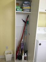Full shot of cleaning supply closet showing broom, mop, spray bottles, and other cleaning tools standing vertically.