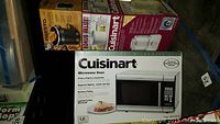 Photo showing Cuisinart Microwave Oven in original box, white with digital display, 1.0 cubic feet capacity.