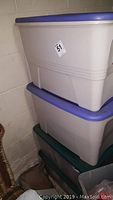 Two large plastic storage bins stacked against a basement wall.