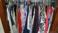 Full view of women's plus size blouses and sweaters hanging in a closet, showing various colors and styles including solid and patterned tops.