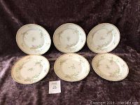 Set of 6 Limoges dinner plates arranged in two rows of three on a dark cloth background showing overall condition.