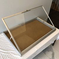 Display case with glass lid open, showing clear aluminum frame and brown Masonite base with slight bowing and water damage.