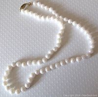 Full view of the pearl necklace coiled to show the length, round white/cream pearls, and gold filled clasp.