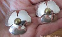 Front view showing shiny flower shaped earrings with brass center beads held in hand.