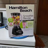Photo of the new in box Hamilton Beach Smoothie Blender showing box with blender image and features