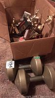 Box filled with various sporting trophies and two 10 lb weights placed in front of the box.
