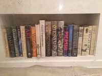 Wide view of the art books arranged on a shelf, titles visible including Picasso, Van Gogh, Dali, and more