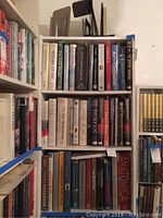 Photo of bookshelf showing top three shelves filled with books on art, Civil War, Irish history, and Shakespeare topics.