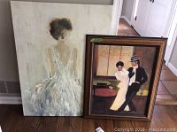 Photo of two prints side by side: unframed canvas with woman in white dress and framed print of dancing couple