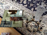 Photo of all items on carpet including tray, vase, ashtray, and candelabra with candle holders