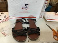 Pair of black leather flat sandals from top angle showing braided leather straps and adjustable ankle buckle.