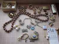 Full view of jewelry lot including brooches, beaded necklace, cuff links, earrings, rings, and pendants arranged on a grid surface.