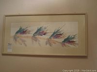 Full view of framed abstract watercolor painting showing five blue and red watercolor splash shapes with shadows, inside a white wooden frame