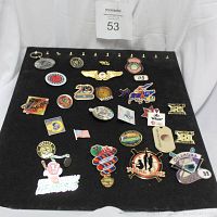 Full view of pins laid out on black velvet display board with official Rams key chain at top center.