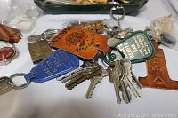 Close up of assorted key-chains with metal keys attached, showing different colored fobs and printed text.