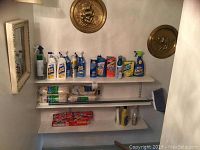 Shelves with multiple cleaning supplies including spray bottles and cans of cleaning agents, rolls of paper towels, and broom visible at side