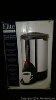 Front image of Elite Cuisine 40 cup electric coffee brewer box showing product image and brand.
