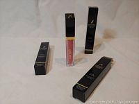 Three Artistry Signature Color Lip Glosses with black packaging and caps, one shown out of box, displayed on white surface.