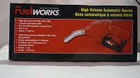 FuelWorks branded box with product image and specifications displayed, showing high volume automatic nozzle details.