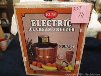 Original product box with colorful label showing 'RCW Electric Ice Cream Freezer 5 Quart'