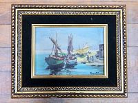 Full view of framed oil painting featuring boats on water and signature Garth.