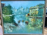 Full view of framed oil painting showing complete scene and frame