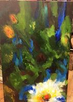 Full view of original abstract oil painting featuring vibrant green, blue, yellow, and white colors with bold brushstrokes.