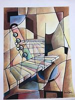Full view of the abstract guitar cubist print showing color scheme and signature.