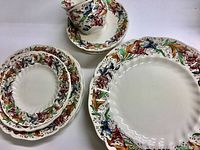 Top view showing assortment of plates and cups with floral Tintern pattern