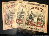 Three vintage Punch magazines from 1936, 1947, and 1948 with illustrated covers and advertisements.