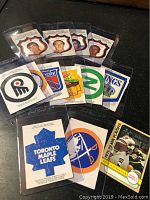 Image of vintage NHL team logo cards, each in protective plastic sleeve, showing various team logos including Philadelphia Flyers, New York Rangers, Toronto Maple Leafs, and others.