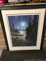 Framed James Lumbers print showing a moonlit nighttime forest scene with lake and trees.