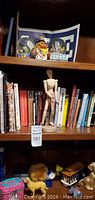 Wide view of bookshelf with books, wooden drawing mannequin, small figurines on lower shelf, and collectibles.