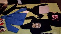 Photo showing black Raptors sweatshirt with tiger graphic, blue raincoat, black and grey hooded sweater, black shirt with pink heart design, and two Halloween clown masks on green surface