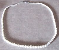 Full view of the graduated cultured pearl necklace highlighting the pearl sizes and color.