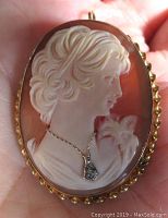 Front view of oval shell cameo showing carved female profile, twisted metal frame, and diamond accent