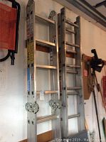 Two ladders hung on a garage wall: one Krause MultiMatic and one generic aluminum extension ladder.