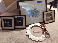Photo showing two brass plates and three black cat framed wall art, and a seashell wreath.