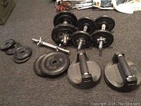 Overall photo showing adjustable dumbbells, weight plates and push-up stands on carpet.
