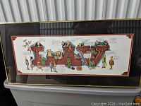 Framed picture with LAW spelled out in large letters featuring caricatures of lawyers and humorous text